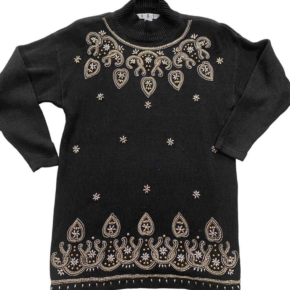 Vintage 90’s Knit Mock Turtleneck Gold Beaded Tunic Sweater Size M